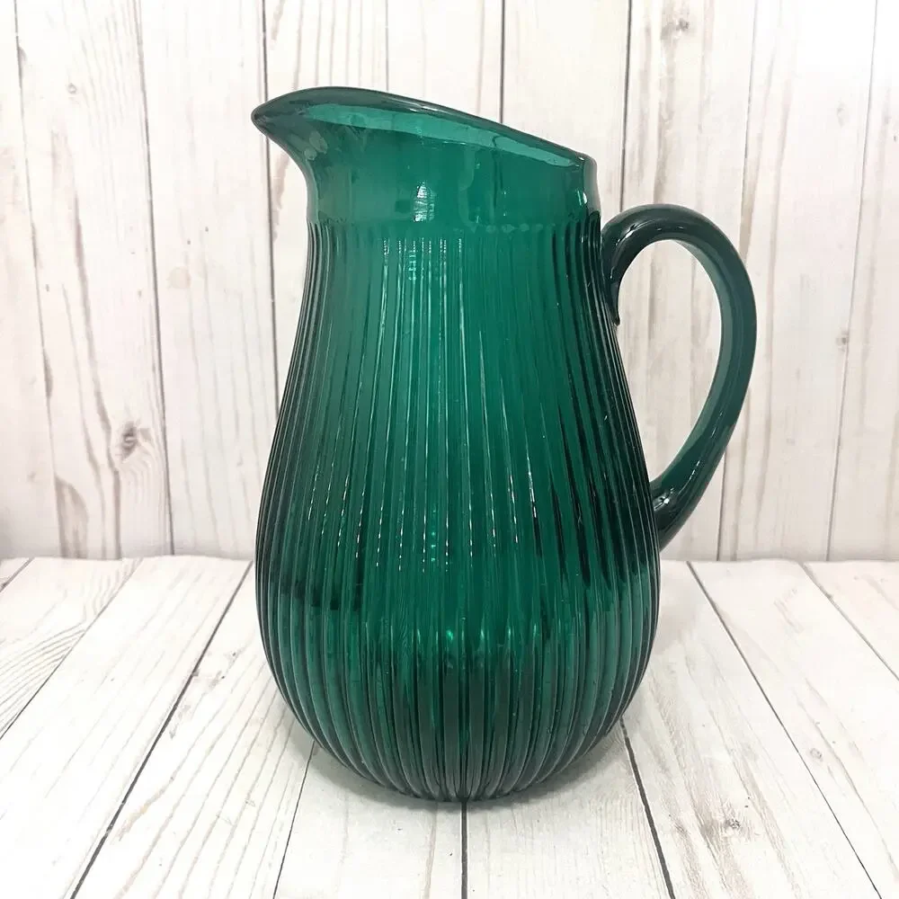IKEA VINTAGE SALLSKAPLIG Emerald GREEN RIBBED GLASS PITCHER / VASE